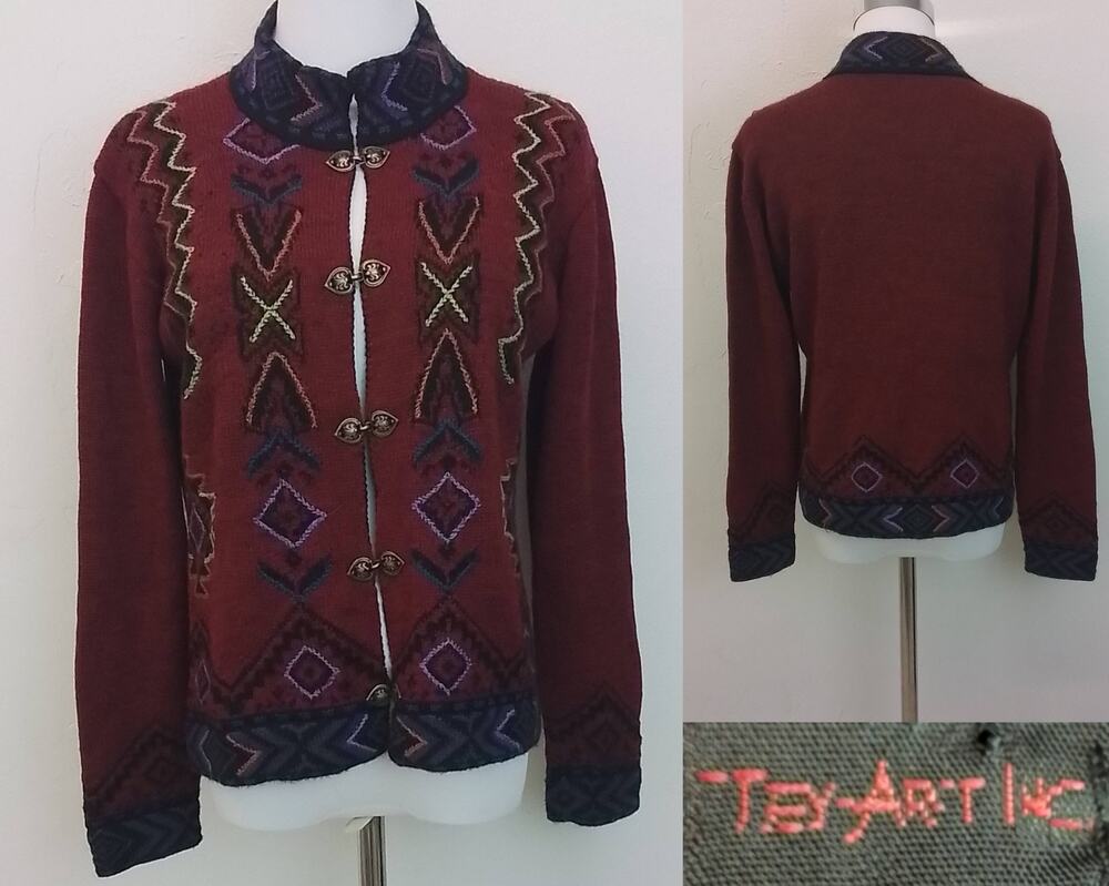 Tey-Art Alpaca Sweater Women's S Red Geometric Pattern Peru Leaf Accent #J3435